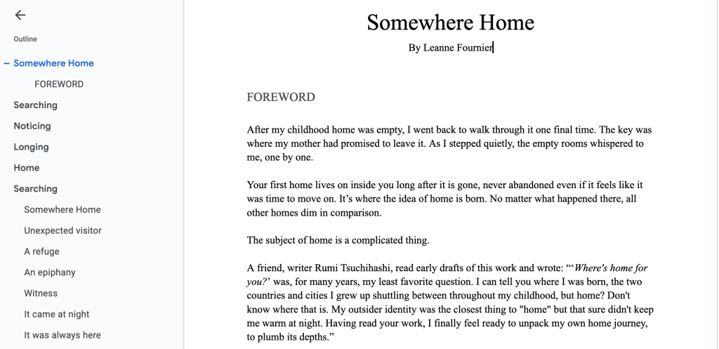 Screen capture of words typed on page under heading Somewhere Home